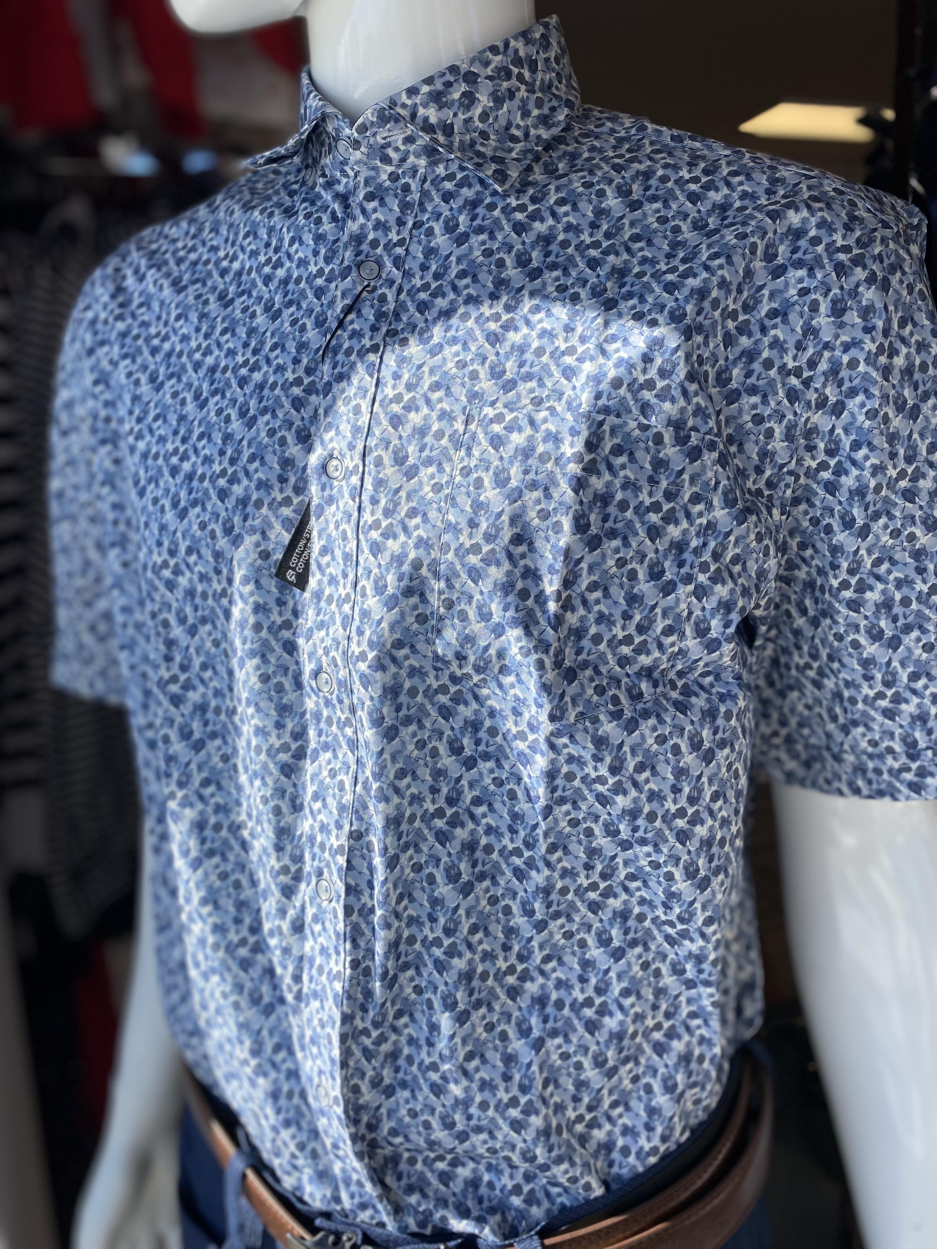 Modango chemise manche courte feuilles bleu