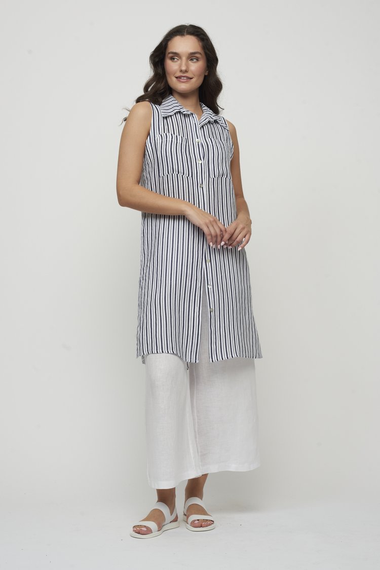 Pistache robe sans manche col chemisier rayé vertical