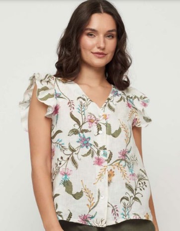 Pistache blouse imprimé floral manche courte frison en lin