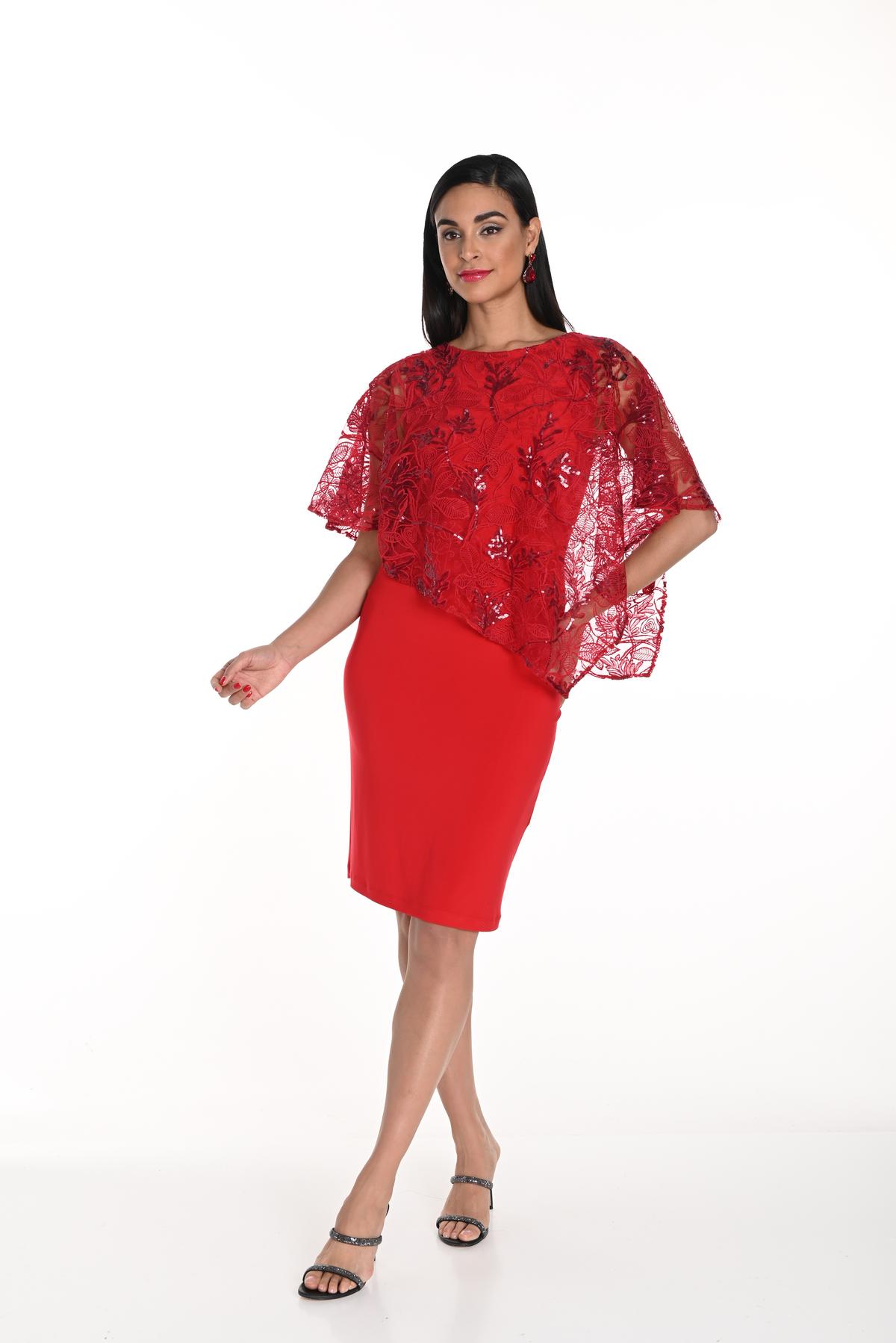 Frank lyman robe rouge ajusté avec voilage dentelle