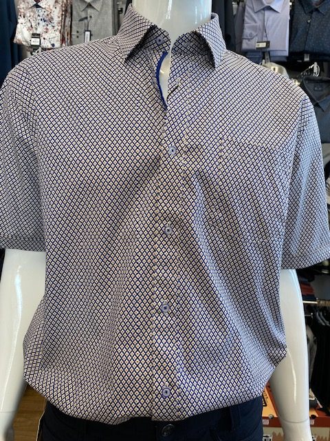 Modango Chemise manche courte avec poche fond marine petits motifs blanc et moutarde
