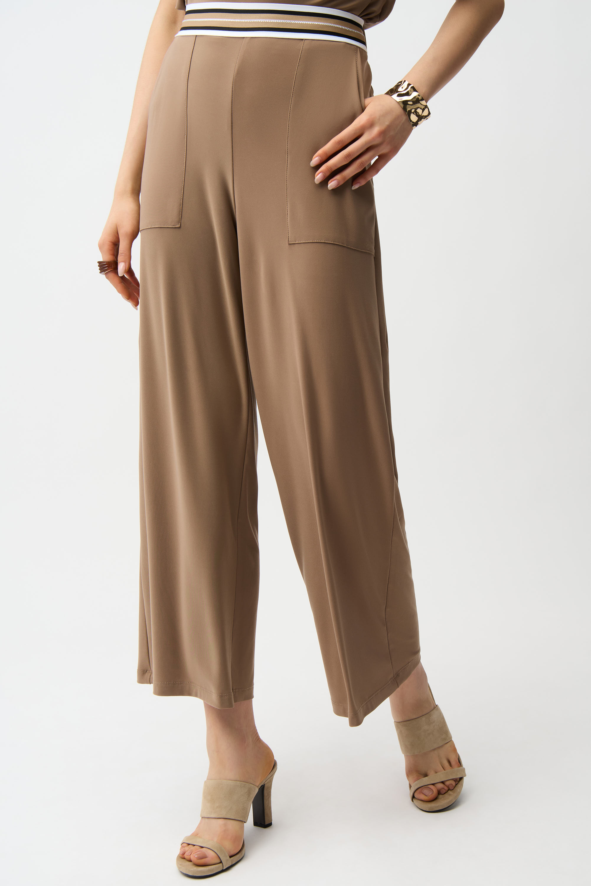 Joseph Ribkoff Pantalon à enfiler à jambe large en tricot soyeux avec ceinture à rayures