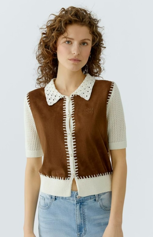 Oui cardigan mi tricot mi suède manche courte