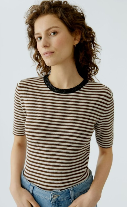 Oui tricot manche courte encolure ronde fines paillettes rayures