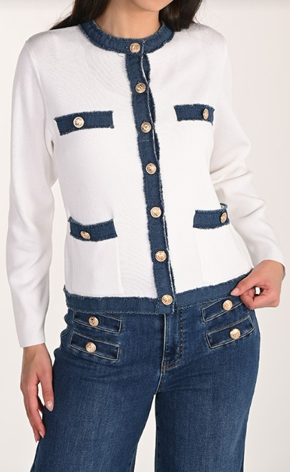Frank Lyman Cardigan en tricot blanc cassé avec détails bleu denim