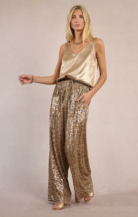Molly Bracken Pantalon jambe large taille élastique motif léopard