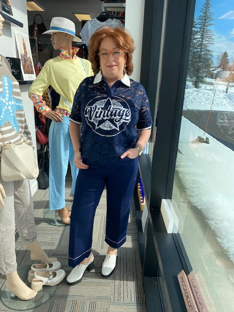 Lisette Pantalon marine bas avec surpiqûres