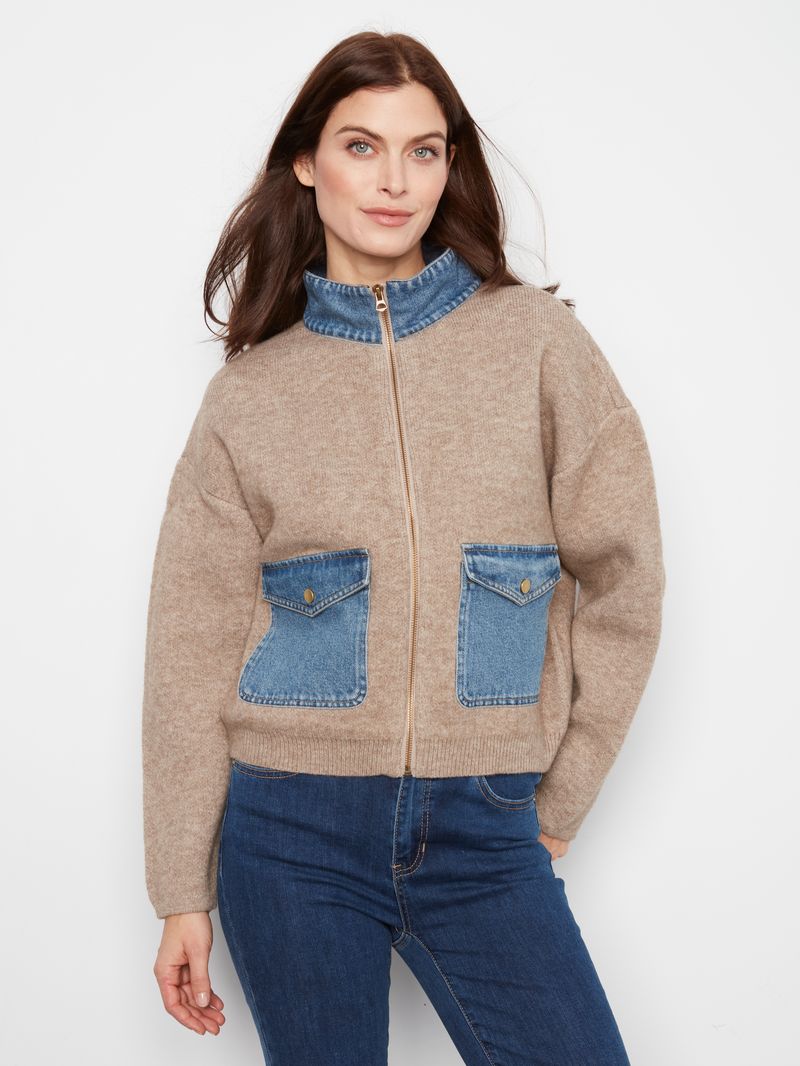 Charlie B cardigan bouclé avec poches et col en jeans