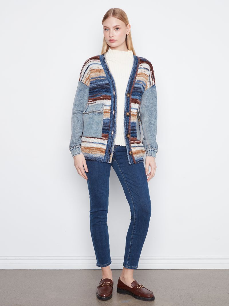 Charlie B Cardigan imprimé manches longues avec insertions de jeans
