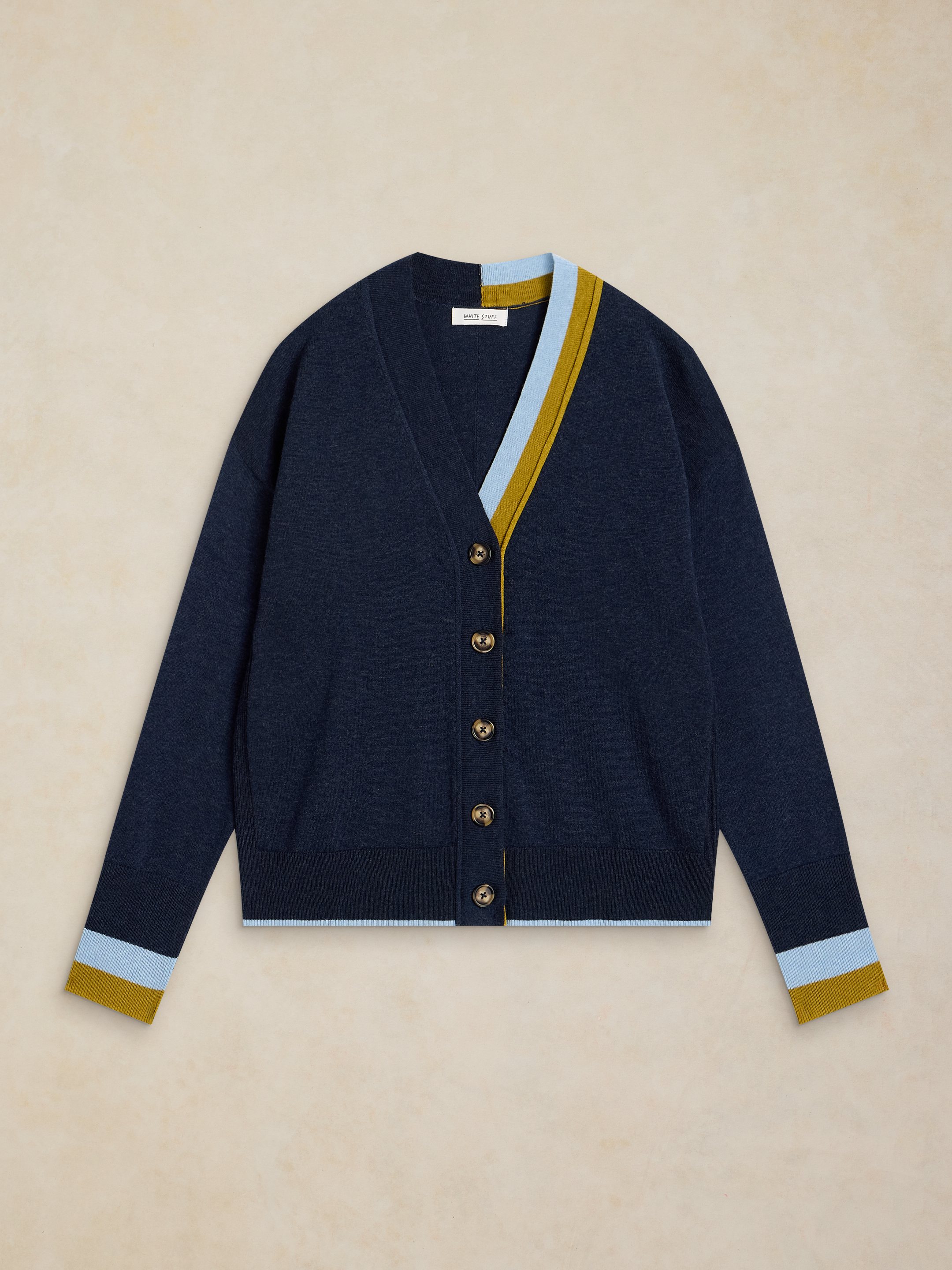 White Stuff Katie cardigan marine avec détails verts et bleus
