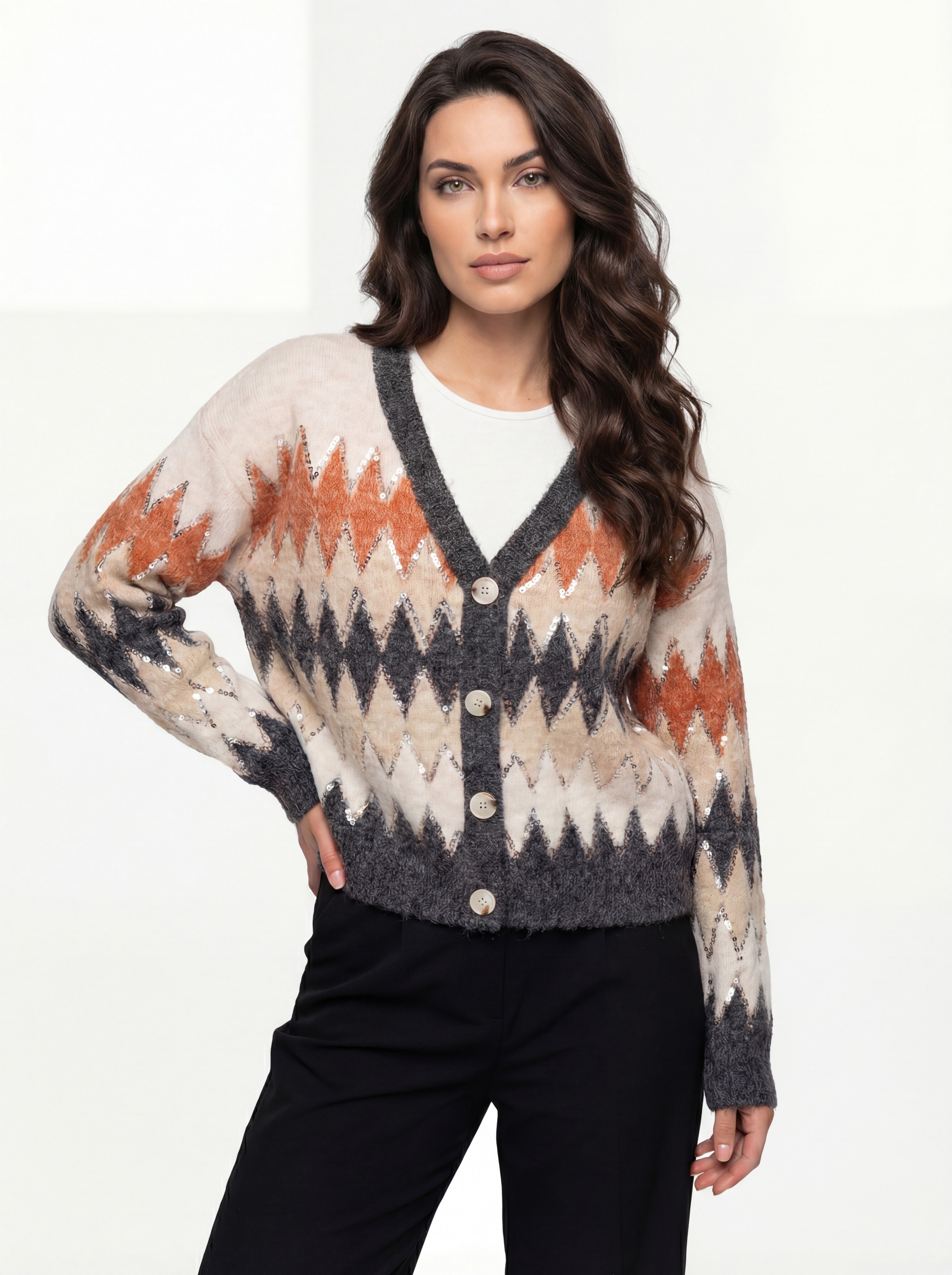 CYC Cardigan zig zag tricolore avec paillettes