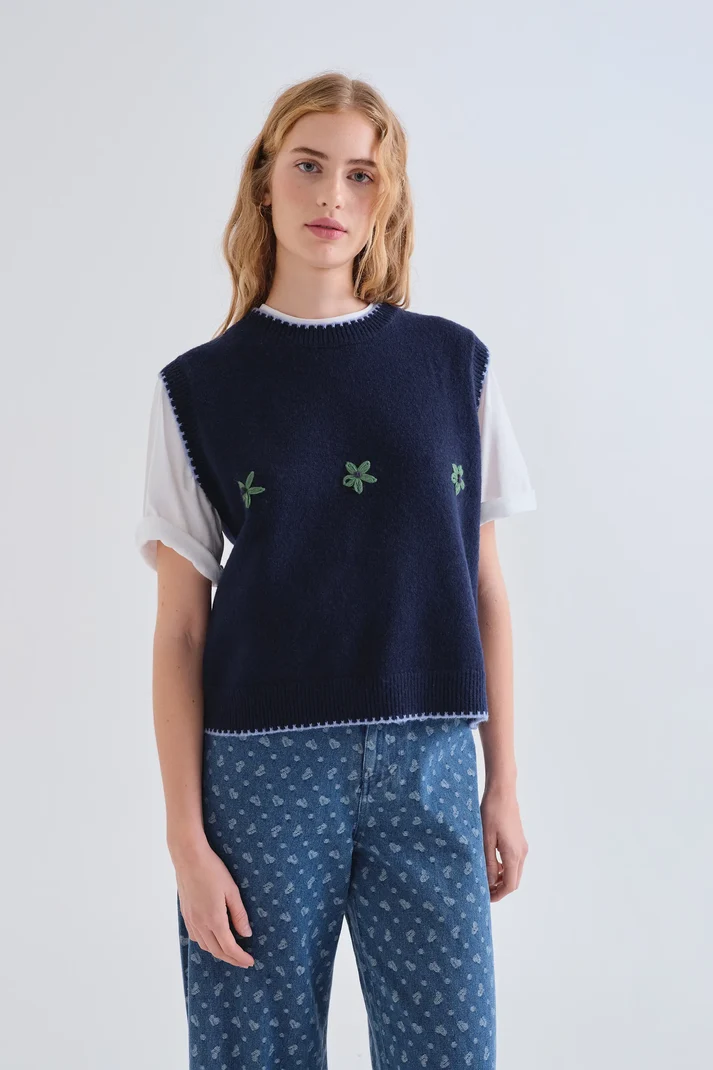 Compania Fantastica Gilet tricoté bleu avec détails brodés floraux